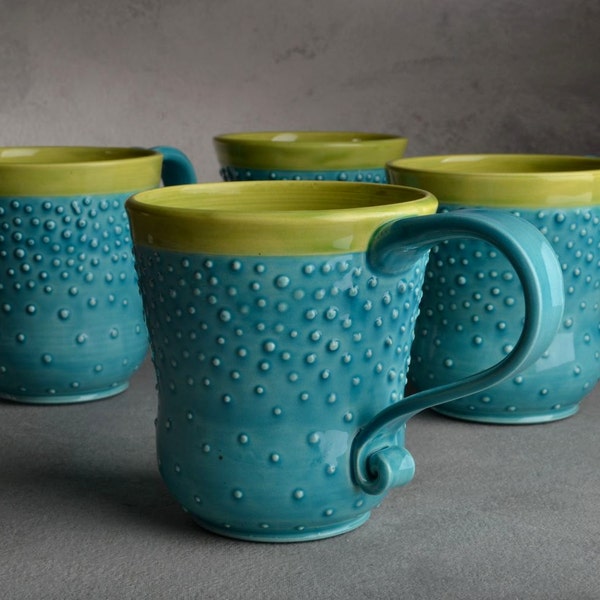 Curvy Dottie Mugs: Dottie's Quadruplets-Set of 4 In Caribbean Blue by Symmetrical Pottery Ready To Ship