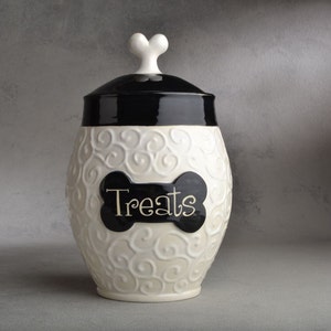 Personalized Dog Treat Jar Black & White Curls Ceramic Pet Container Made To Order by Symmetrical Pottery