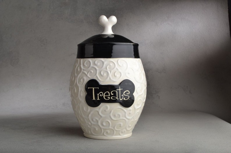 Personalized Dog Treat Jar Black & White Curls Ceramic Pet Container Made To Order by Symmetrical Pottery image 1
