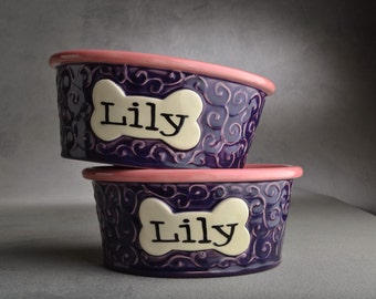 Dog Bowl Set Personalized Curls Purple Pink Ceramic Pet Dishes Made To Order by Symmetrical Pottery