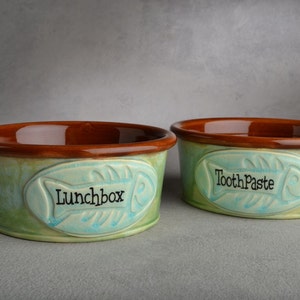 Personalized Cat Bowl Set Blue Green and Brown Ceramic Pet Dishes Made To Order by Symmetrical Pottery image 2