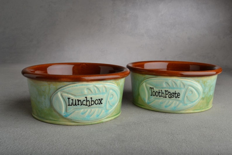 Personalized Cat Bowl Set Blue Green and Brown Ceramic Pet Dishes Made To Order by Symmetrical Pottery image 2