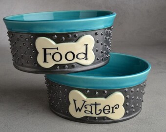 Personalized Dog Bowl Set Blue Black Spiky Ceramic Pet Dish Made To Order by Symmetrical Pottery