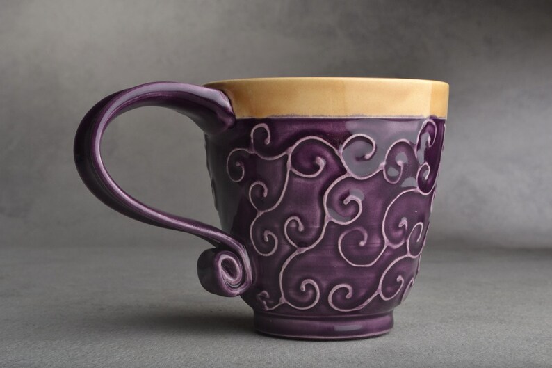 Curly Mug Made To Order Purple and Mocha Slip Trailed Mug by Symmetrical Pottery image 2