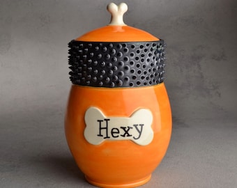 Dog Treat Jar Made To Order Orange and Black Spiky Collared Treat Jar by Symmetrical Pottery