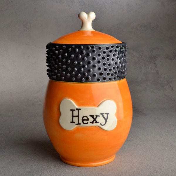 Dog Treat Jar Made To Order Orange and Black Spiky Collared Treat Jar by Symmetrical Pottery