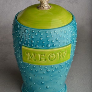 Cat Treat Jar Made To Order Fish Tail Meow Stamped Dottie Cat Treat Jar by Symmetrical Pottery image 3