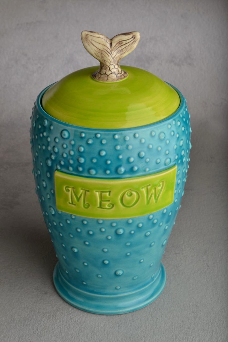 Cat Treat Jar Made To Order Fish Tail Meow Stamped Dottie Cat Treat Jar by Symmetrical Pottery image 3