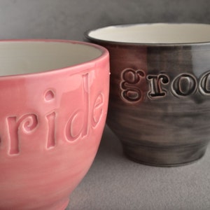 Bride Groom Coffee Mugs Made To Order Bride & Groom Stamped Coffee Soup Cocoa Mugs by Symmetrical Pottery image 3