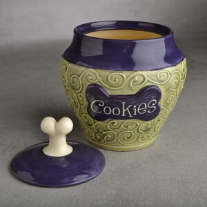 Personalized Dog Treat Jar Green and Purple Ceramic Pet Container Made To Order by Symmetrical Pottery image 2