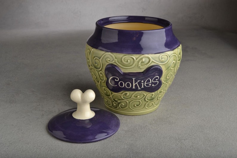 Personalized Dog Treat Jar Green and Purple Ceramic Pet Container Made To Order by Symmetrical Pottery image 2