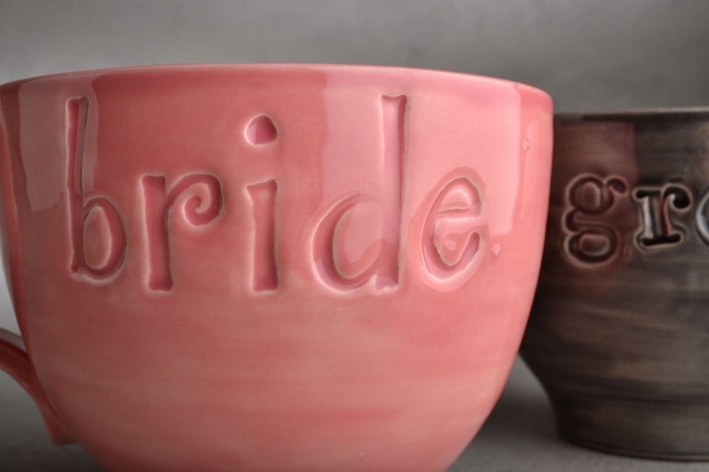 Bride Groom Coffee Mugs Made To Order Bride & Groom Stamped Coffee Soup Cocoa Mugs by Symmetrical Pottery image 4