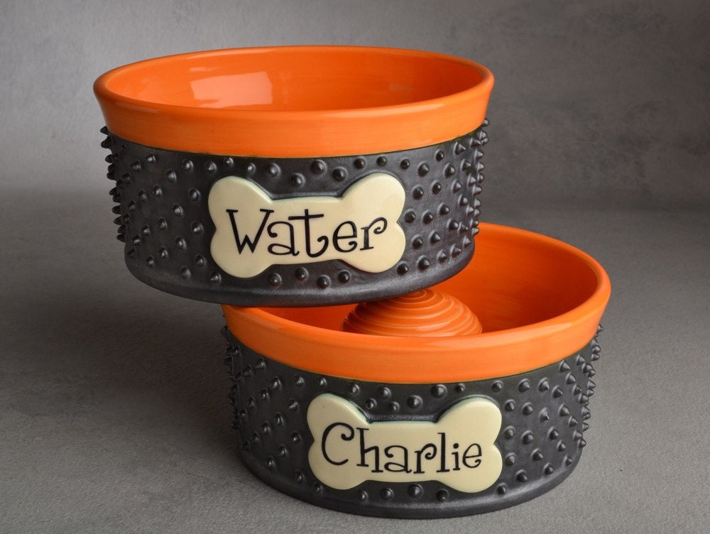 Personalized Slow Feeder Dog Bowl Set Spiky Ceramic Pet Dishes Etsy