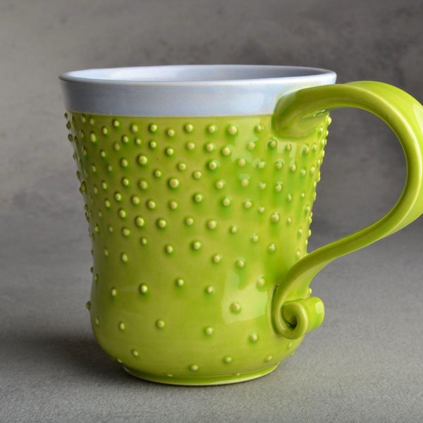 Curvy Dottie Coffee Mug : Neon Green And Light Violet Dottie Coffee Mug Cup by Symmetrical Pottery