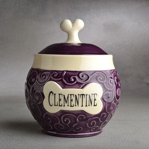 Personalized Dog Treat Jar Curls Purple Ceramic Pet Container Made To Order by Symmetrical Pottery image 1