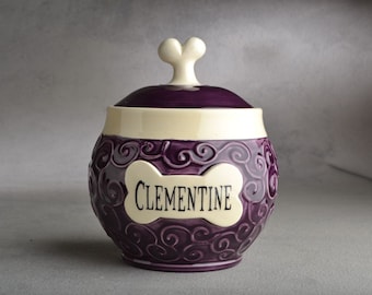 Personalized Dog Treat Jar Curls Purple Ceramic Pet Container Made To Order by Symmetrical Pottery