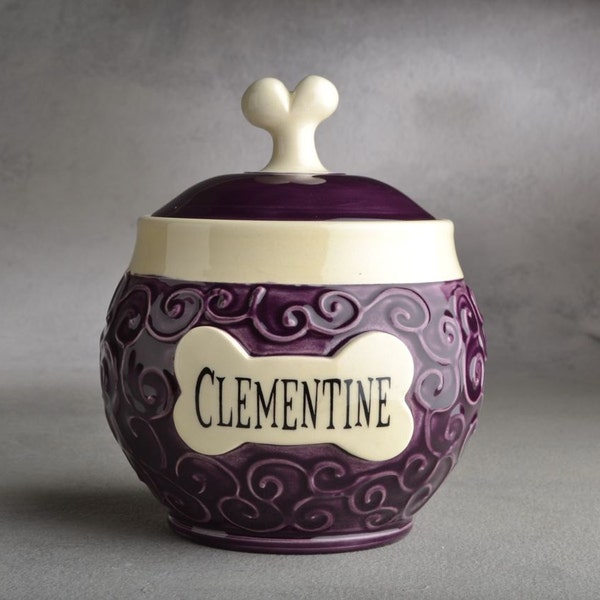 Personalized Dog Treat Jar Curls Purple Ceramic Pet Container Made To Order by Symmetrical Pottery