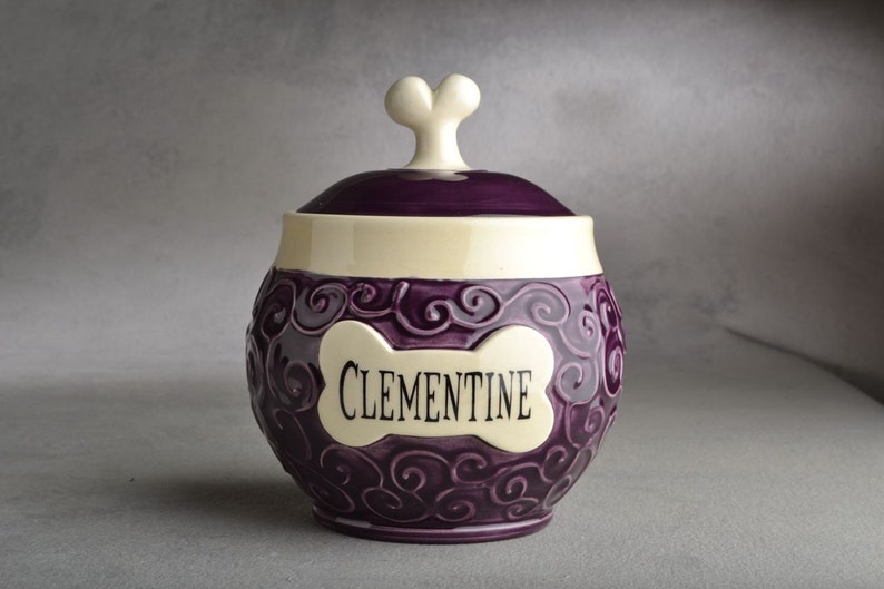 Personalized Dog Treat Jar Curls Purple Ceramic Pet Container Made To Order by Symmetrical Pottery image 1