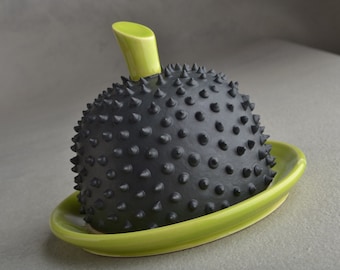 Spiky Butter Dish Made To Order Chartreuse And Black Butter Keeper by Symmetrical Pottery