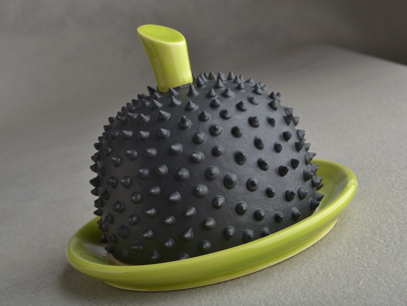 Spiky Butter Dish Made To Order Chartreuse And Black Butter Keeper by Symmetrical Pottery