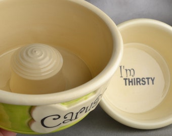 Personalized Slow Feeder Dog Bowl Set Green White Smooth Ceramic Pet Dishes Made To Order by Symmetrical Pottery