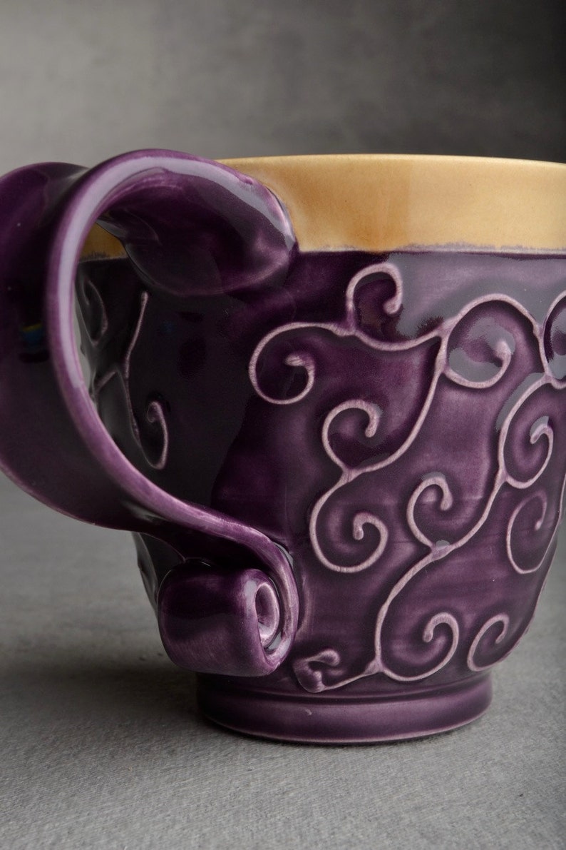 Curly Mug Made To Order Purple and Mocha Slip Trailed Mug by Symmetrical Pottery image 3