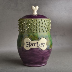 May include: A ceramic pet food jar with a bone-shaped lid and a green and purple glaze. The jar has a bone-shaped tag with the name "Harley" on it.