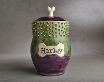 Personalized Dog Treat Jar Purple Green Spiky Collared Ceramic Pet Container Made To Order by Symmetrical Pottery