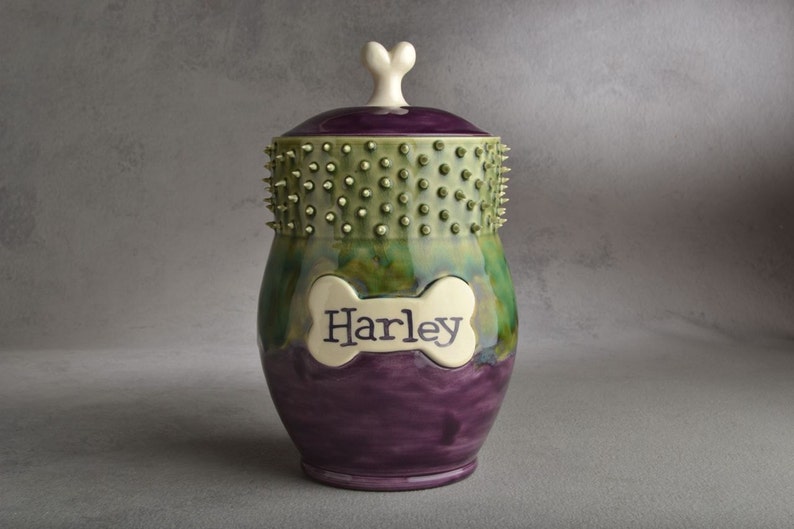 Personalized Dog Treat Jar Purple Green Spiky Collared Ceramic Pet Container Made To Order by Symmetrical Pottery image 1