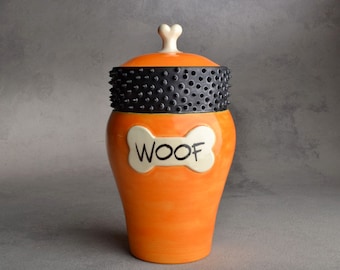 Personalized Dog Treat Jar Orange and Black Spiky Collared Ceramic Pet Container Made To Order by Symmetrical Pottery