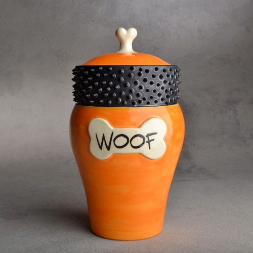Personalized Dog Treat Jar Orange and Black Spiky Collared Ceramic Pet Container Made To Order by Symmetrical Pottery