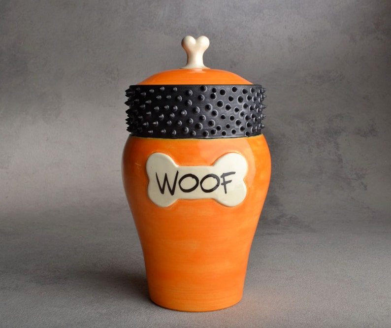 Personalized Dog Treat Jar Orange and Black Spiky Collared image 1