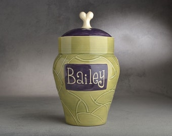 Personalized Dog Treat Jar Random Lines Green Purple Ceramic Pet Container Made To Order by Symmetrical Pottery