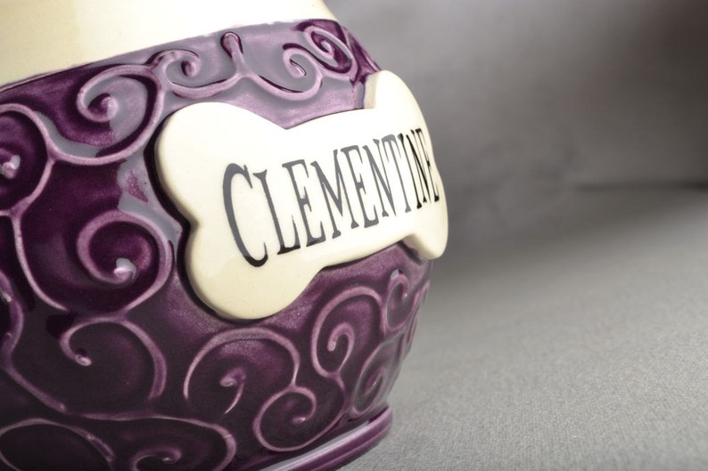 Personalized Dog Treat Jar Curls Purple Ceramic Pet Container Made To Order by Symmetrical Pottery image 5