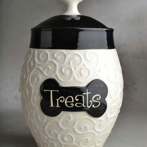 Personalized Dog Treat Jar Black & White Curls Ceramic Pet Container Made To Order by Symmetrical Pottery image 2