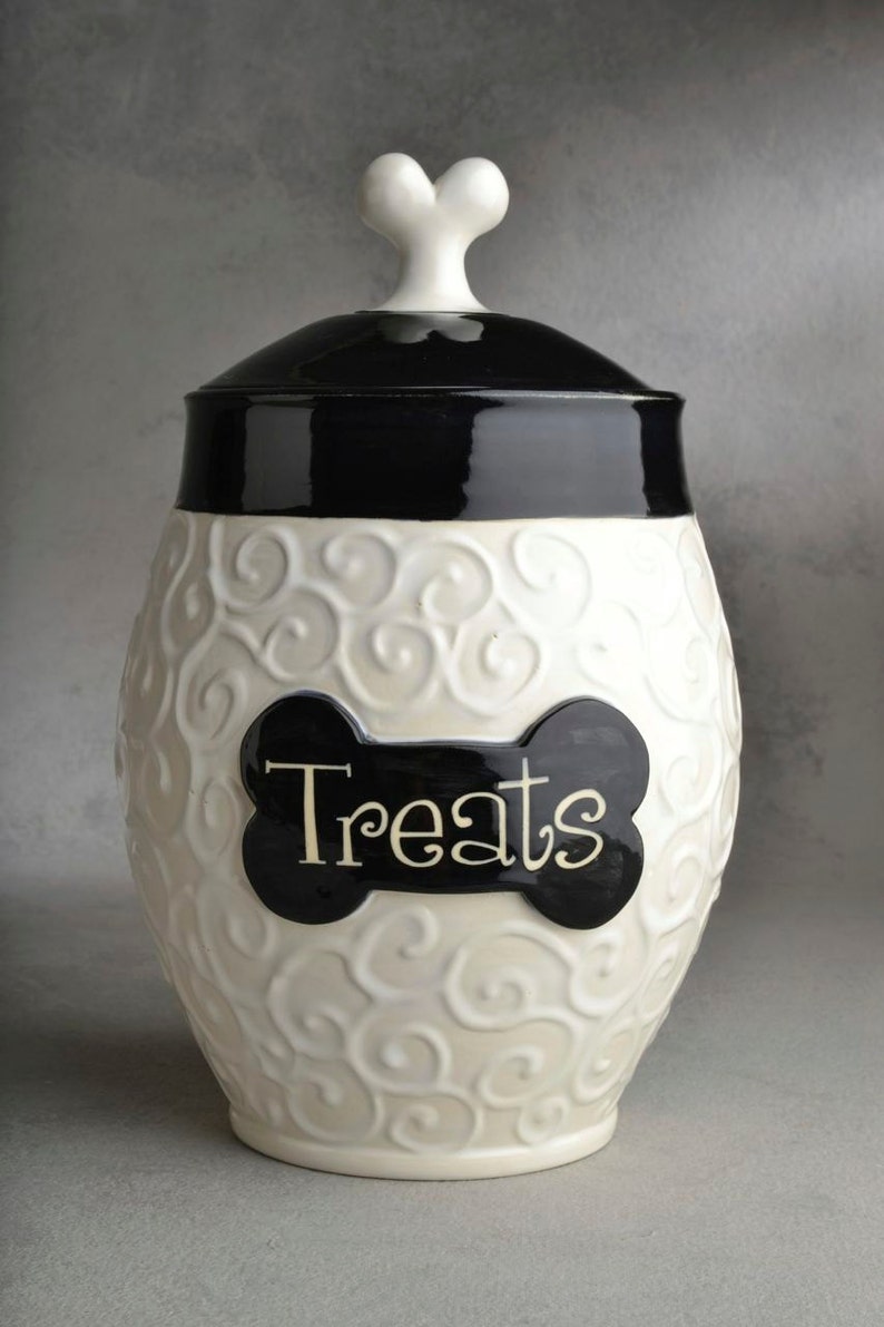 Personalized Dog Treat Jar Black & White Curls Ceramic Pet Container Made To Order by Symmetrical Pottery image 2