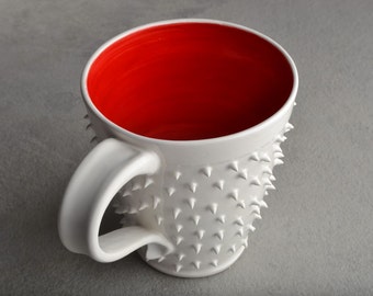 Spiky Mug Made To Order White and Red Dangerously Spiky Mug by Symmetrical Pottery