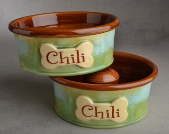 Personalized Slow Feeder Dog Bowl Set Blue Green Brown Ceramic Pet Dishes Made To Order by Symmetrical Pottery