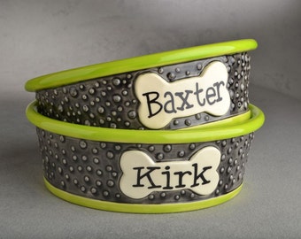 Personalized Dog Bowl Set Dottie Ceramic Pet Dishes Made To Order by Symmetrical Pottery