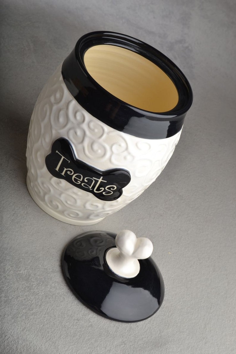 Personalized Dog Treat Jar Black & White Curls Ceramic Pet Container Made To Order by Symmetrical Pottery image 3