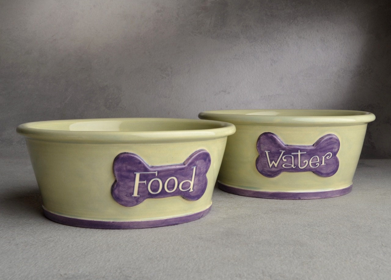 Personalized Dog Bowl Set Light Green Purple Smooth Ceramic Etsy