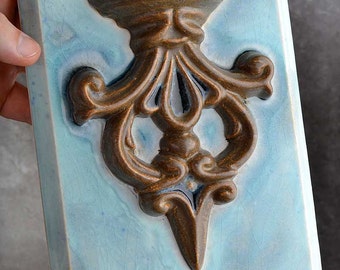 Relief Accent Tiles Aqua Wrought Iron Set of Four Kitchen Backsplash Ceramic Tiles by Symmetrical Pottery