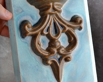 Relief Accent Tiles Aqua Wrought Iron Set of Four Kitchen Backsplash Ceramic Tiles by Symmetrical Pottery