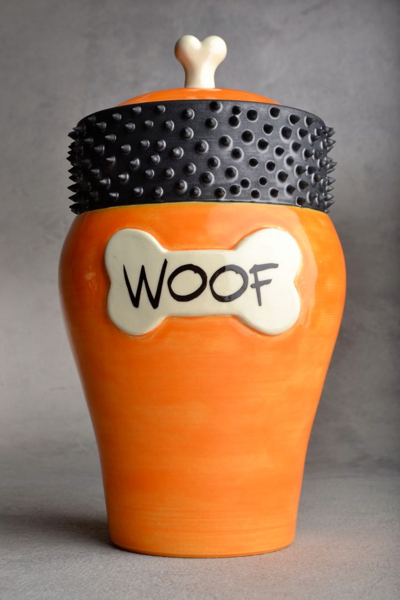 Personalized Dog Treat Jar Orange and Black Spiky Collared image 2