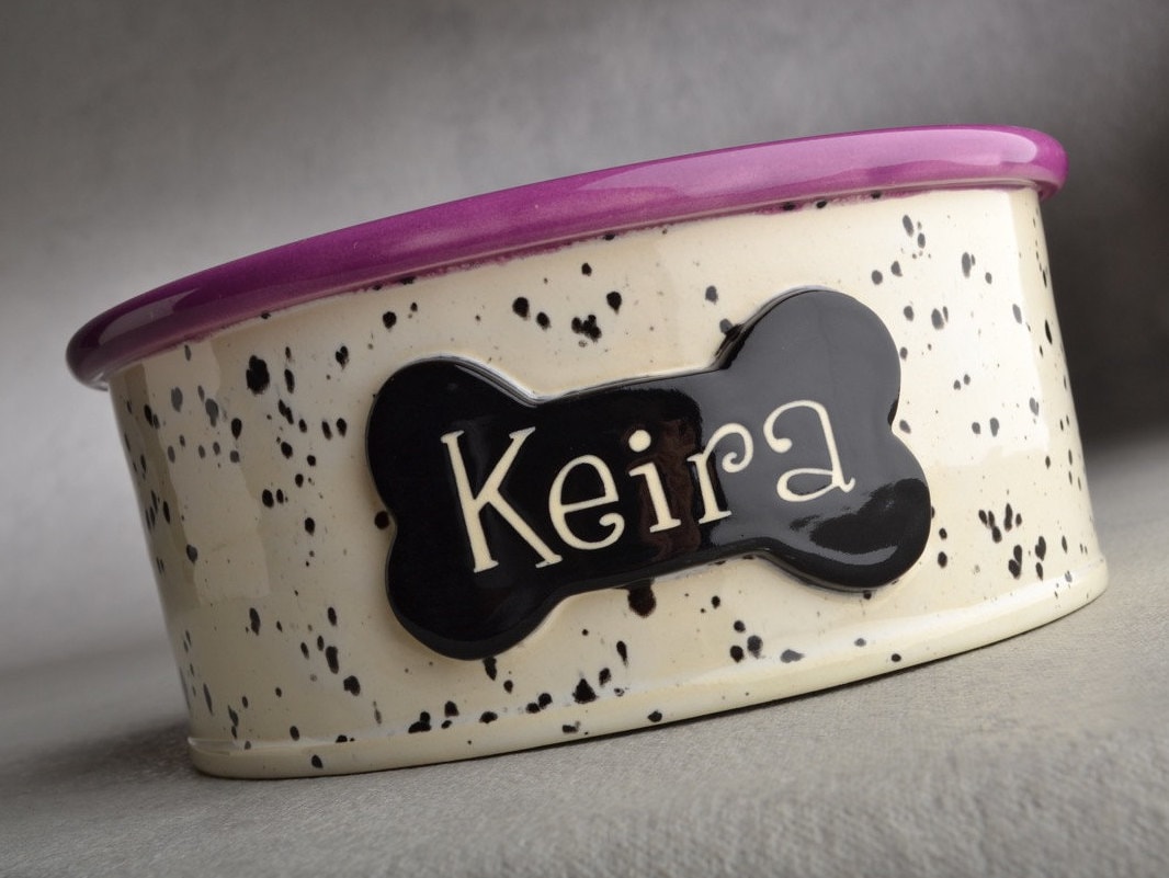 Dog Bowl Single Personalized Smooth Ink Spot Ceramic Pet Dish Made To Order By Symmetrical Pottery