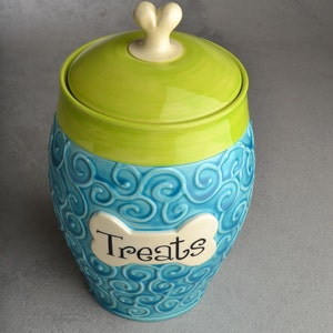 Personalized Dog Treat Jar Blue Green Curls Ceramic Pet Container Made To Order by Symmetrical Pottery image 2