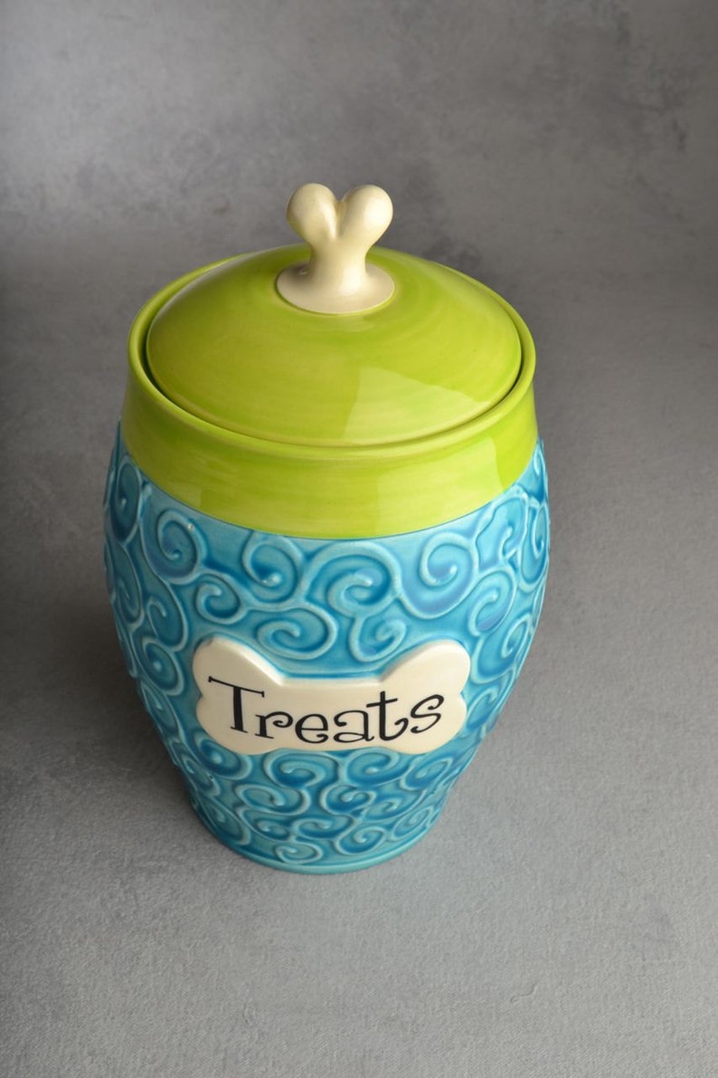 Personalized Dog Treat Jar Blue Green Curls Ceramic Pet Container Made To Order by Symmetrical Pottery image 2