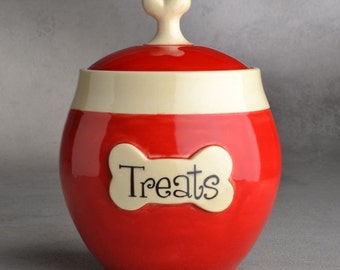 Dog Treat Jar Made To Order Red with White Trim Treat Jar by Symmetrical Pottery