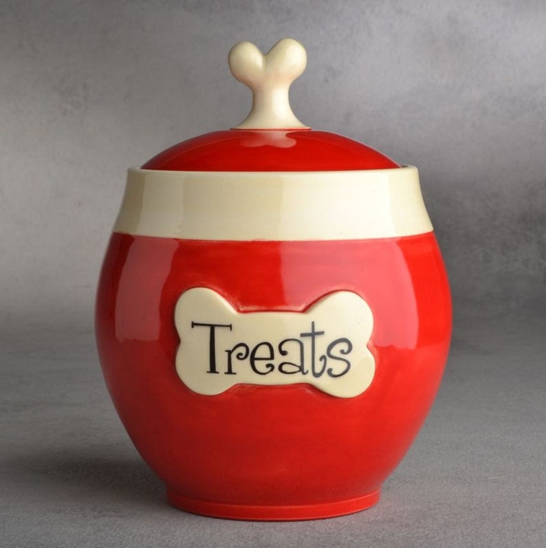 Dog Treat Jar Made To Order Red with White Trim Treat Jar by Symmetrical Pottery image 1