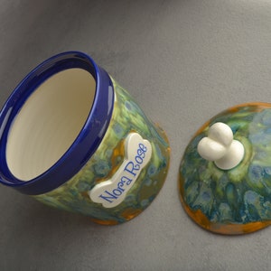 Personalized Dog Treat Jar Blue and Green Drippy Ceramic Pet Container Made To Order by Symmetrical Pottery image 7